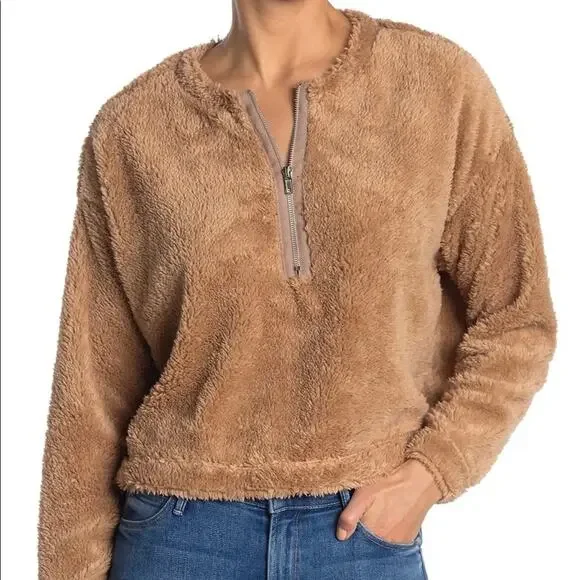 NWT NEW ABOUND Nordstrom Fuzzy Fleece half zip Pullover in Black - Picture 2 of 10